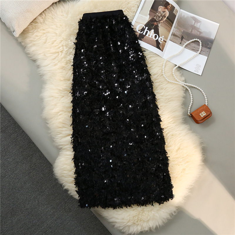 Suknja A-linije, srednje duljine, jednofarbni uzorak, Chenille tkanina, sadržaj Spandexa