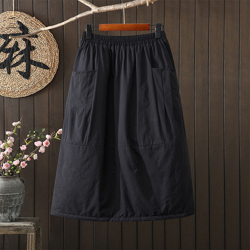 Fustă midi în linie A, lungime medie; model solid; plisare; elasticitate ridicată; țesătură din amestec bumbac-poliester (95%+)