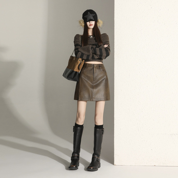 Pukali fustă din piele PU cu talie înaltă, croială evazată, fără elasticitate, Iarna 2025