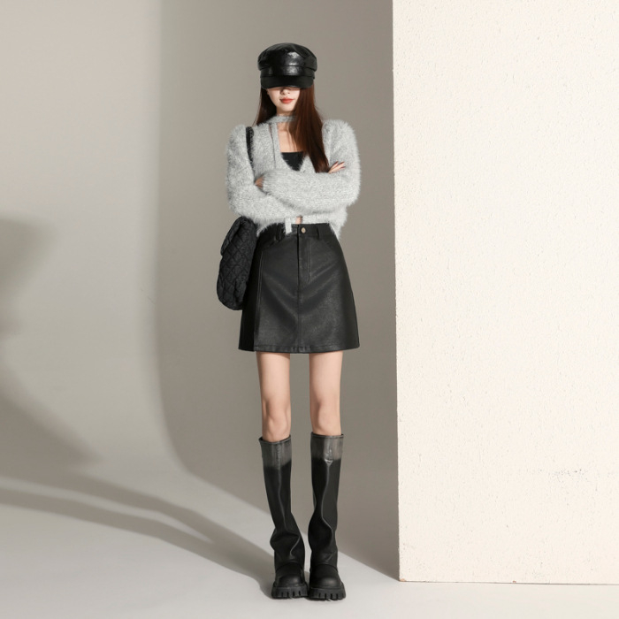 Pukali fustă din piele PU cu talie înaltă, croială evazată, fără elasticitate, Iarna 2025