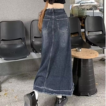 Fustă denim în A-line, midi, talie înaltă, aspect uzat, 50–70% bumbac, finisaj anti-călcare