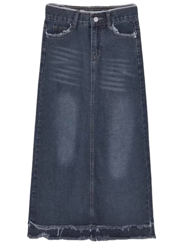 Fustă denim în A-line, midi, talie înaltă, aspect uzat, 50–70% bumbac, finisaj anti-călcare