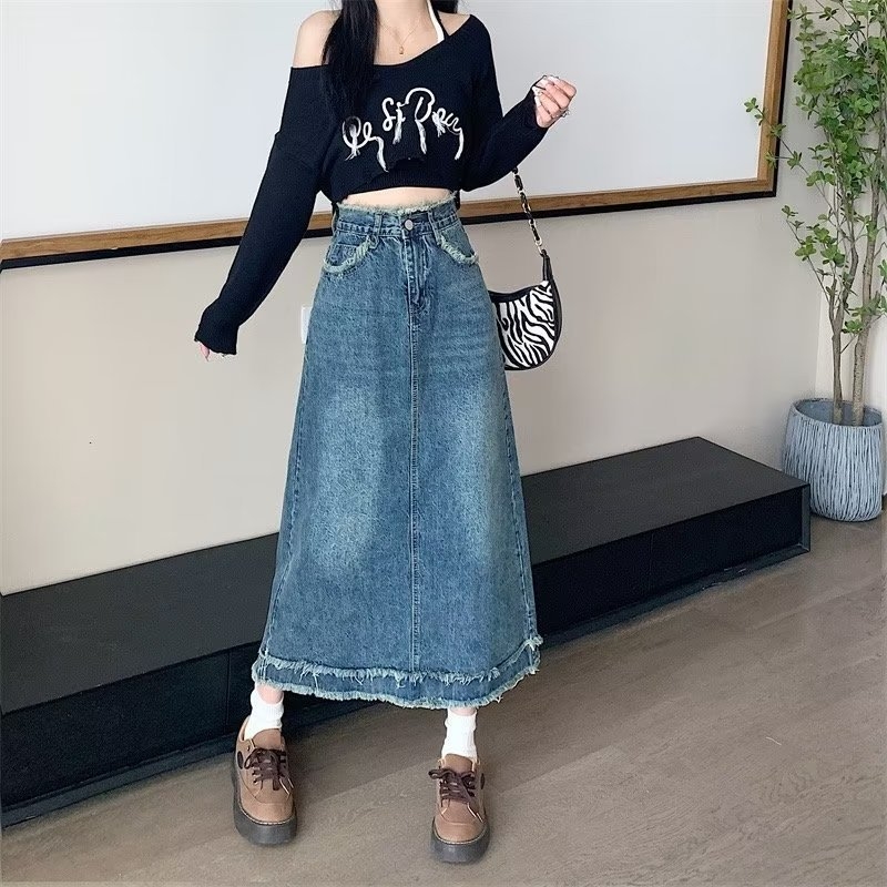 Fustă denim în A-line, midi, talie înaltă, aspect uzat, 50–70% bumbac, finisaj anti-călcare