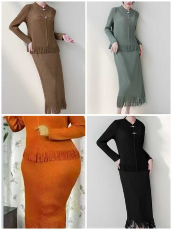 Costum două piese cu fustă și top, pliuri în formă de solzi de pește și ciucuri, mâneci lungi, fustă lungă, poliester 95%+