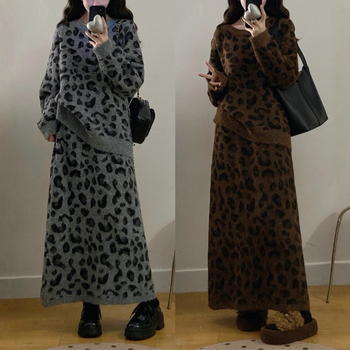 Ženski dvodijelni set od pletene tkanine s leopard printom, retro stil, dugi rukavi, srednja duljina, akril i najlon