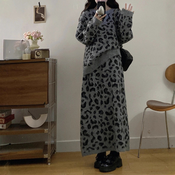 Ženski dvodijelni set od pletene tkanine s leopard printom, retro stil, dugi rukavi, srednja duljina, akril i najlon