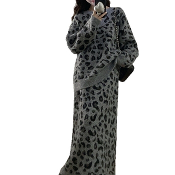 Ženski dvodijelni set od pletene tkanine s leopard printom, retro stil, dugi rukavi, srednja duljina, akril i najlon