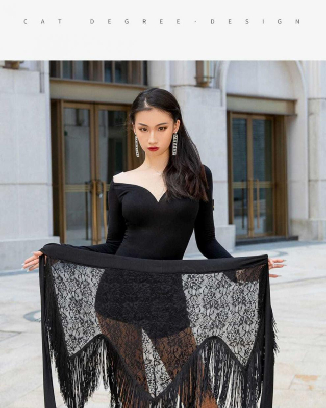 Rochie de dans pentru femei - stil latino cu fustiță cu franjuri la șolduri, material 93% spandex, căptușeală spandex