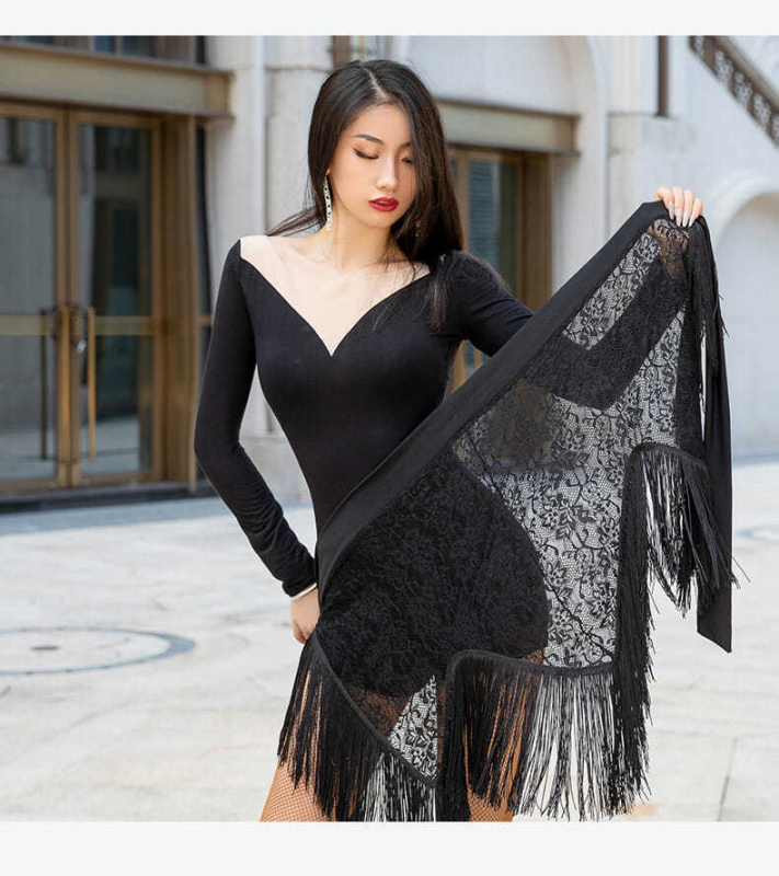 Rochie de dans pentru femei - stil latino cu fustiță cu franjuri la șolduri, material 93% spandex, căptușeală spandex