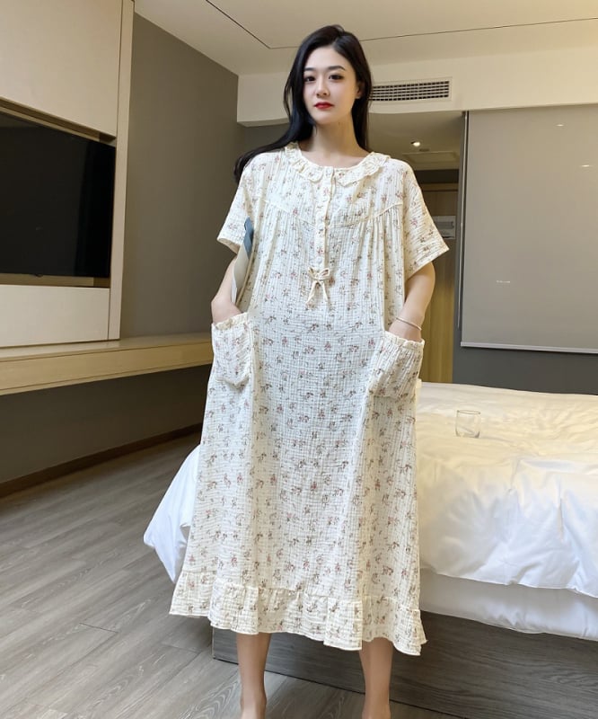 Νυχτερινό φόρεμα μέσου μήκους από διπλό στρώμα γάζας, βαμβάκι, στρογγυλή λαιμοκοπύα, εκτυπωμένο οικιακό ένδυμα