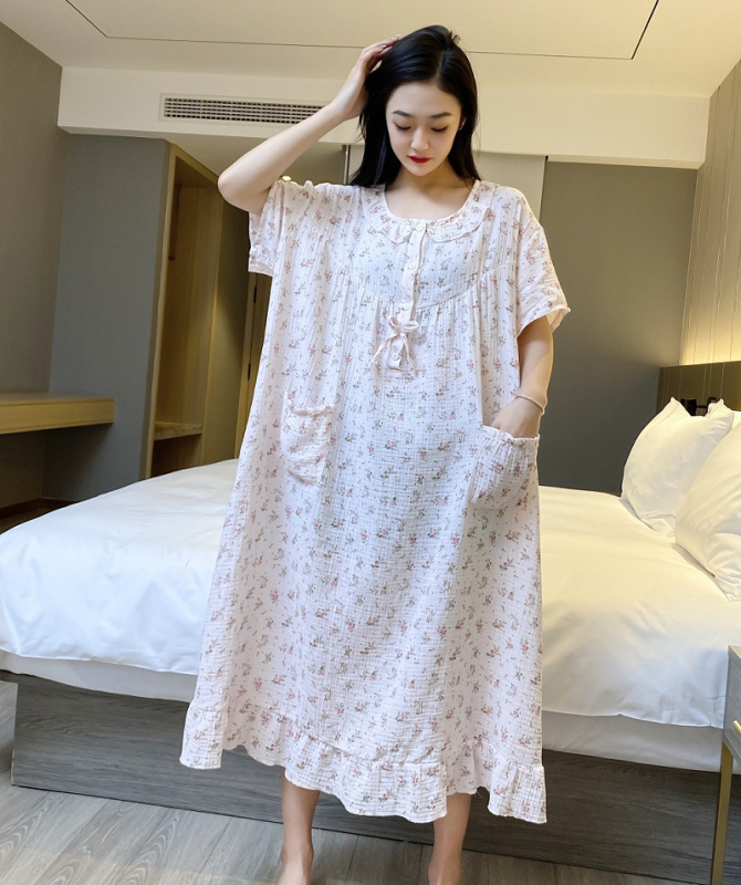 Νυχτερινό φόρεμα μέσου μήκους από διπλό στρώμα γάζας, βαμβάκι, στρογγυλή λαιμοκοπύα, εκτυπωμένο οικιακό ένδυμα