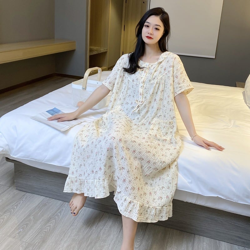 Νυχτερινό φόρεμα μέσου μήκους από διπλό στρώμα γάζας, βαμβάκι, στρογγυλή λαιμοκοπύα, εκτυπωμένο οικιακό ένδυμα