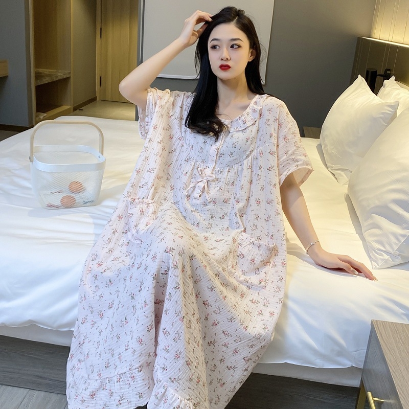 Νυχτερινό φόρεμα μέσου μήκους από διπλό στρώμα γάζας, βαμβάκι, στρογγυλή λαιμοκοπύα, εκτυπωμένο οικιακό ένδυμα