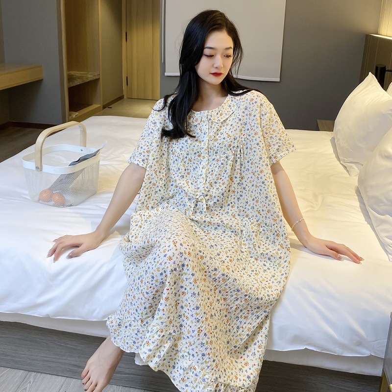 Νυχτερινό φόρεμα μέσου μήκους από διπλό στρώμα γάζας, βαμβάκι, στρογγυλή λαιμοκοπύα, εκτυπωμένο οικιακό ένδυμα