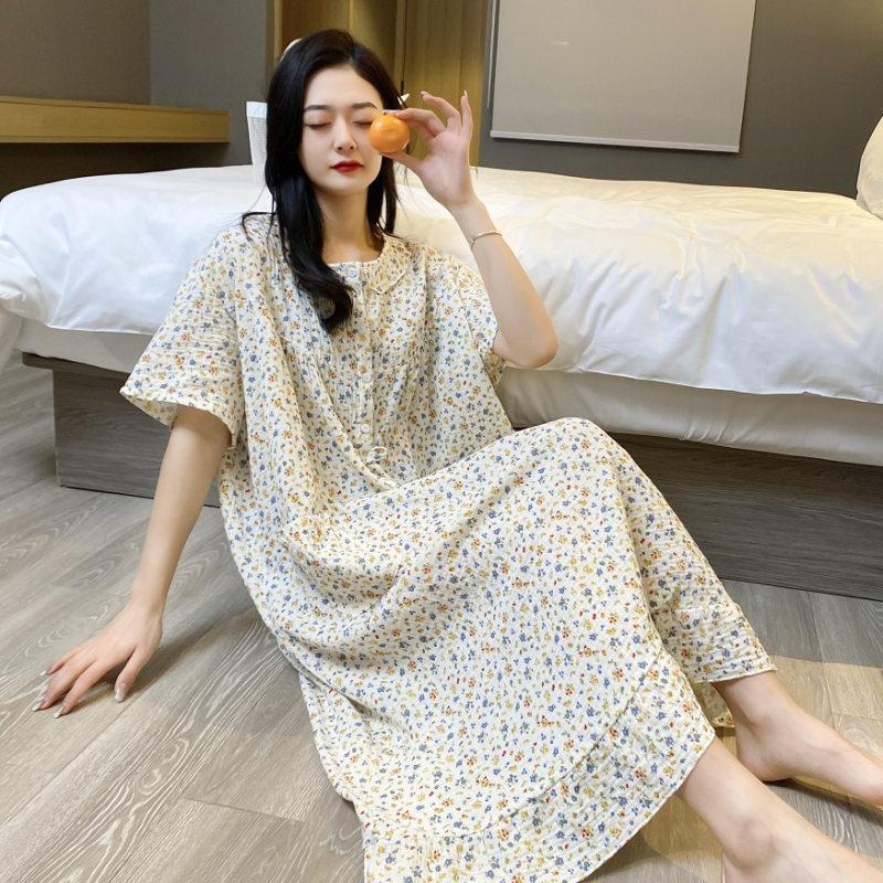 Νυχτερινό φόρεμα μέσου μήκους από διπλό στρώμα γάζας, βαμβάκι, στρογγυλή λαιμοκοπύα, εκτυπωμένο οικιακό ένδυμα