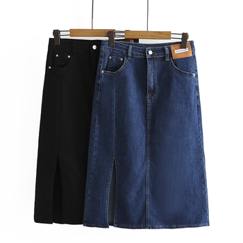 Fustă denim în A-line, talie înaltă, despicare la tiv, material bumbac 51–70%, stil coreean, Vara 2022