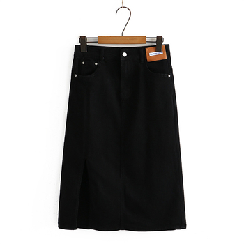 Fustă denim în A-line, talie înaltă, despicare la tiv, material bumbac 51–70%, stil coreean, Vara 2022