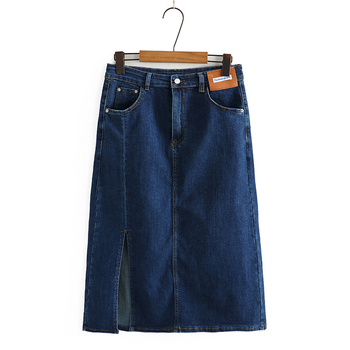 Fustă denim în A-line, talie înaltă, despicare la tiv, material bumbac 51–70%, stil coreean, Vara 2022