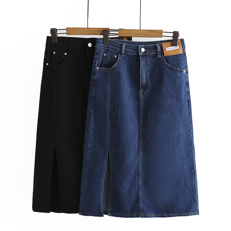 Fustă denim în A-line, talie înaltă, despicare la tiv, material bumbac 51–70%, stil coreean, Vara 2022