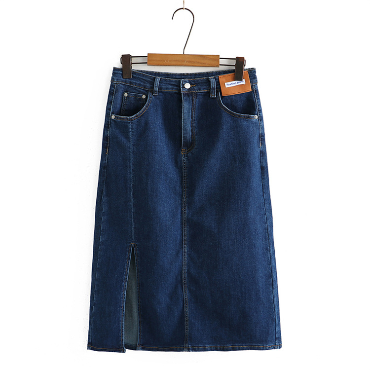 Fustă denim în A-line, talie înaltă, despicare la tiv, material bumbac 51–70%, stil coreean, Vara 2022