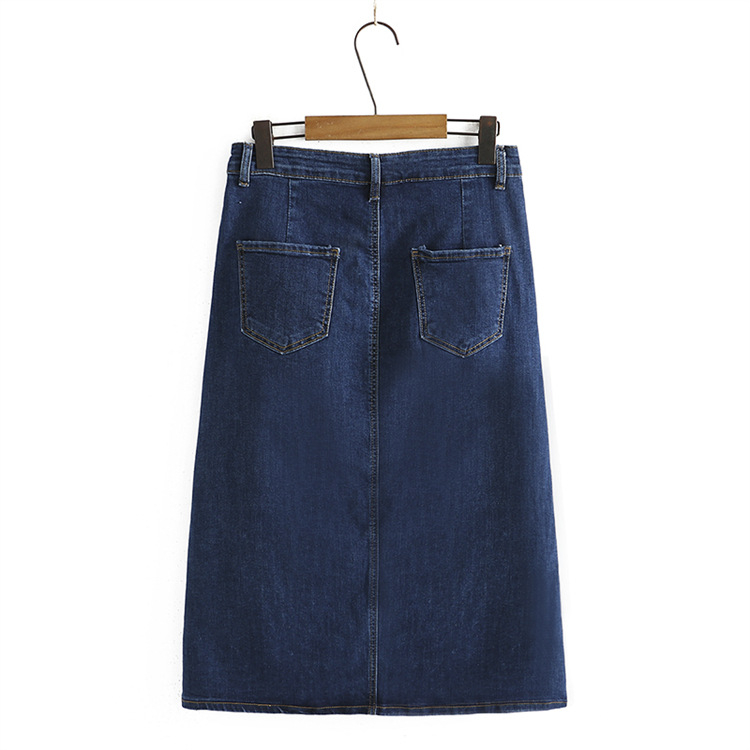 Fustă denim în A-line, talie înaltă, despicare la tiv, material bumbac 51–70%, stil coreean, Vara 2022