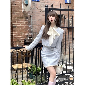 Costum fustă în stil franțuzesc, imprimeu carouri, mâneci lungi, fustă mini, primăvara 2025