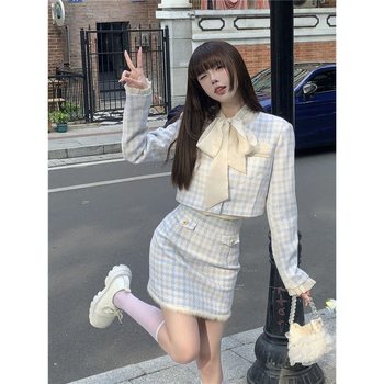 Costum fustă în stil franțuzesc, imprimeu carouri, mâneci lungi, fustă mini, primăvara 2025