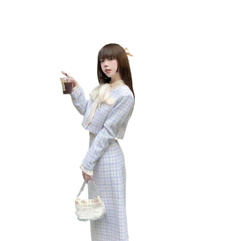 Costum fustă în stil franțuzesc, imprimeu carouri, mâneci lungi, fustă mini, primăvara 2025