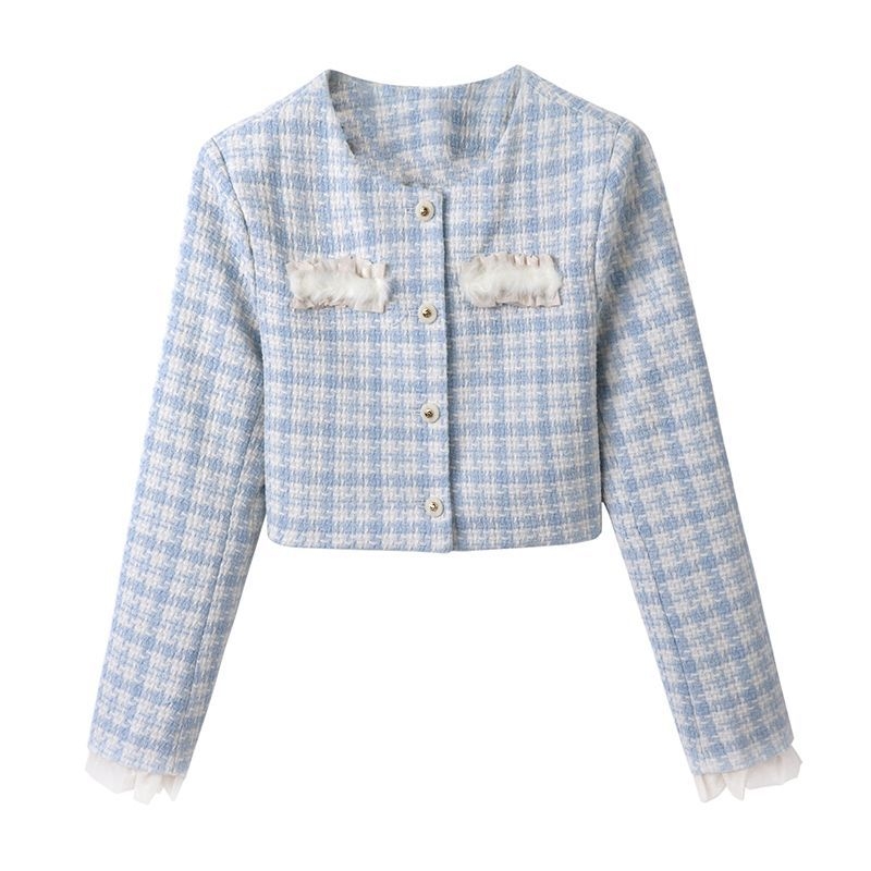 Costum fustă în stil franțuzesc, imprimeu carouri, mâneci lungi, fustă mini, primăvara 2025