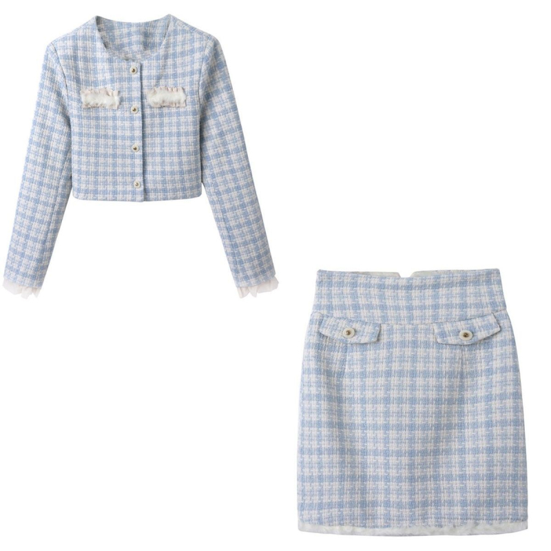 Costum fustă în stil franțuzesc, imprimeu carouri, mâneci lungi, fustă mini, primăvara 2025