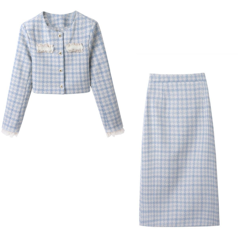 Costum fustă în stil franțuzesc, imprimeu carouri, mâneci lungi, fustă mini, primăvara 2025