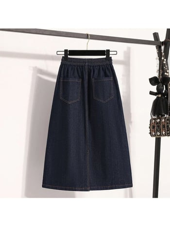 Fustă denim în A-line, midi, cu nasturi, microelastică, stil european