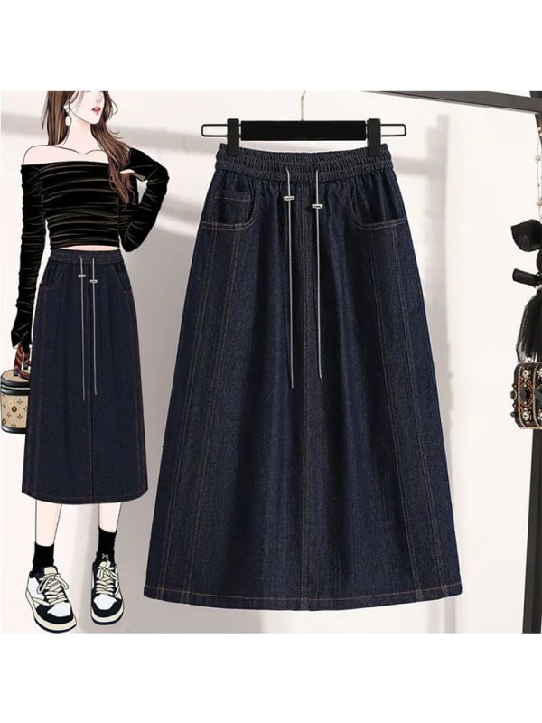 Fustă denim în A-line, midi, cu nasturi, microelastică, stil european