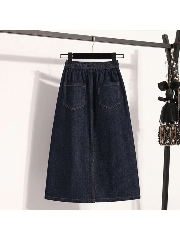 Fustă denim în A-line, midi, cu nasturi, microelastică, stil european