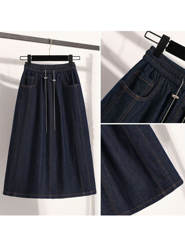 Fustă denim în A-line, midi, cu nasturi, microelastică, stil european