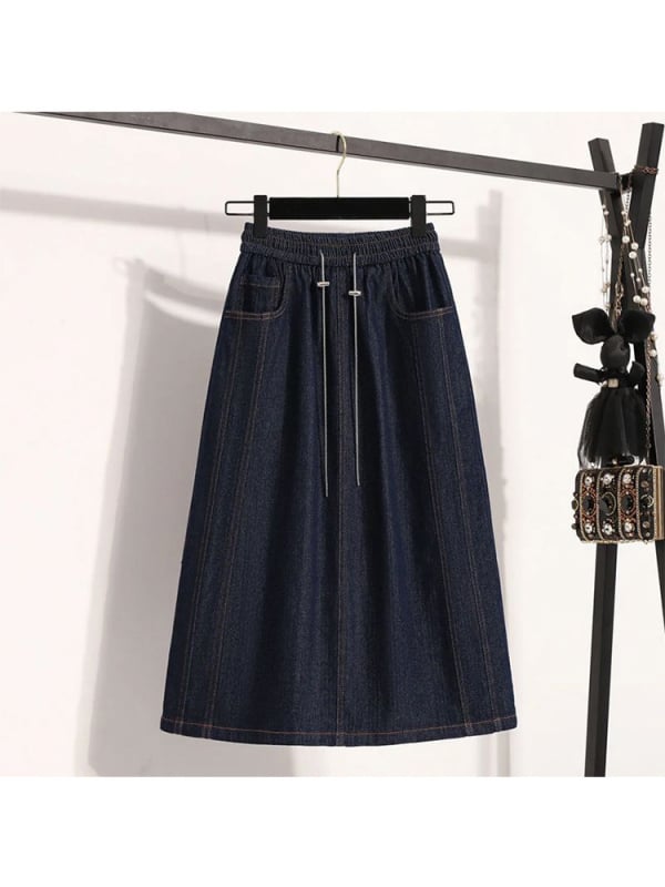 Fustă denim în A-line, midi, cu nasturi, microelastică, stil european