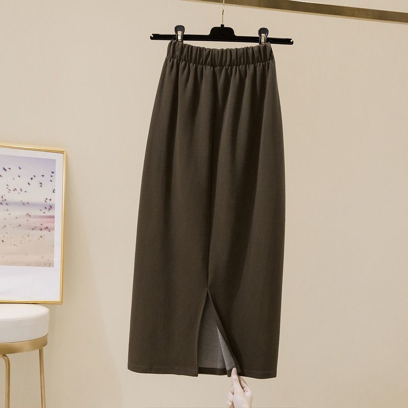 Fustă tip A-line, talie înaltă, deschidere în față, lungime medie, țesătură chenille-spandex