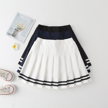 Fustă plisată pentru fete, talie înaltă, linie A, stil JK, dungată. Material: amestec poliester-bumbac; țesătura principală 88% poliester; căptușeală poliester 71–80%.