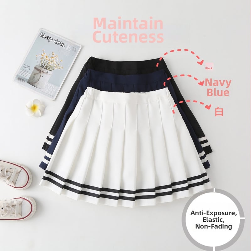 Fustă plisată pentru fete, talie înaltă, linie A, stil JK, dungată. Material: amestec poliester-bumbac; țesătura principală 88% poliester; căptușeală poliester 71–80%.