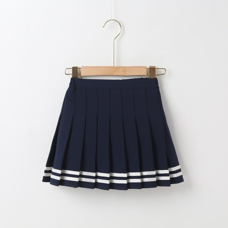 Fustă plisată pentru fete, talie înaltă, linie A, stil JK, dungată. Material: amestec poliester-bumbac; țesătura principală 88% poliester; căptușeală poliester 71–80%.