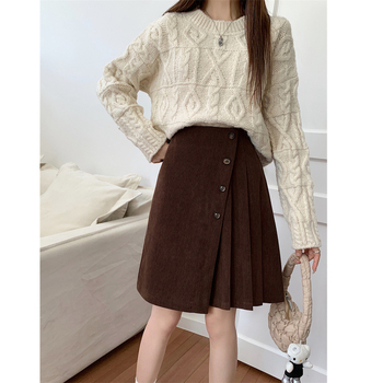 A-line suknja s visokim strukom, srednje dužine, corduroy (monokromatski uzorak, retro stil, zima 2025)