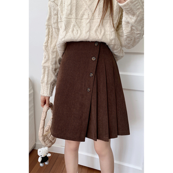 A-line suknja s visokim strukom, srednje dužine, corduroy (monokromatski uzorak, retro stil, zima 2025)