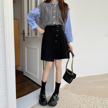 A-line suknja s visokim strukom, srednje dužine, corduroy (monokromatski uzorak, retro stil, zima 2025)