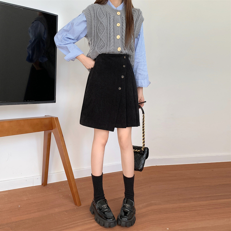 A-line suknja s visokim strukom, srednje dužine, corduroy (monokromatski uzorak, retro stil, zima 2025)