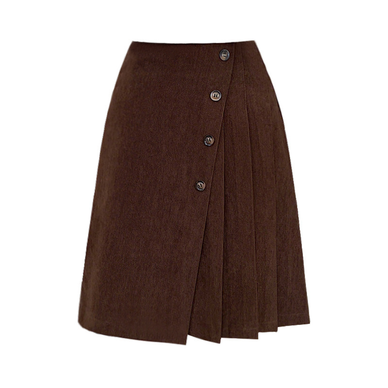 A-line suknja s visokim strukom, srednje dužine, corduroy (monokromatski uzorak, retro stil, zima 2025)