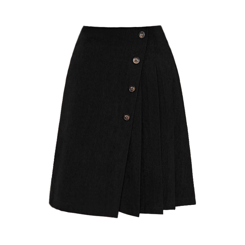 A-line suknja s visokim strukom, srednje dužine, corduroy (monokromatski uzorak, retro stil, zima 2025)