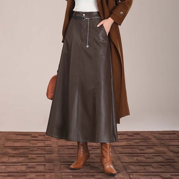 Fustă lungă din PU, talie înaltă, croială în A, toamnă 2024, stil casual coreano-japonez