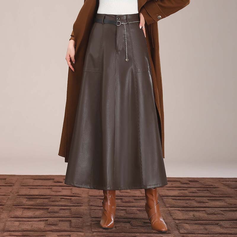 Fustă lungă din PU, talie înaltă, croială în A, toamnă 2024, stil casual coreano-japonez