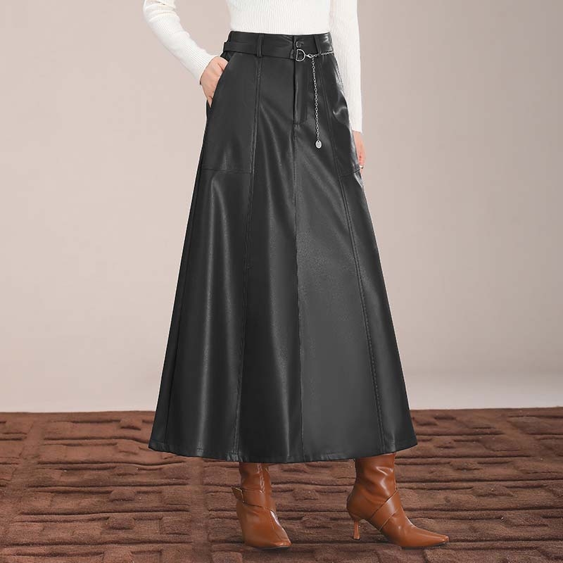Fustă lungă din PU, talie înaltă, croială în A, toamnă 2024, stil casual coreano-japonez