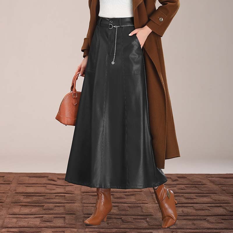 Fustă lungă din PU, talie înaltă, croială în A, toamnă 2024, stil casual coreano-japonez